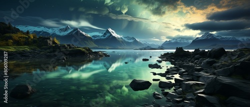 Rocky Mountains landscape with aurora borealis in the night sky