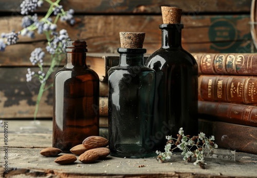 Glass bottles & old books adorn a scientist's table, evoking medicine, chemistry, pharmacy, & alchemy history. Labels translate to eyewash, morphine hydrochloride, & almonds. photo