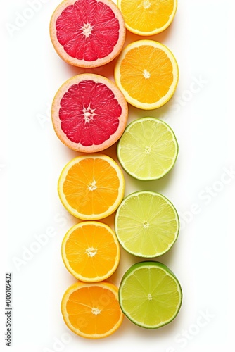 Various citrus fruits including blood orange, orange, and lime