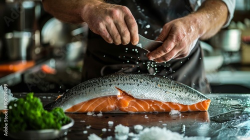A chef expertly filleting a whole salmon fish, showcasing the precision and skill required in seafood preparation.