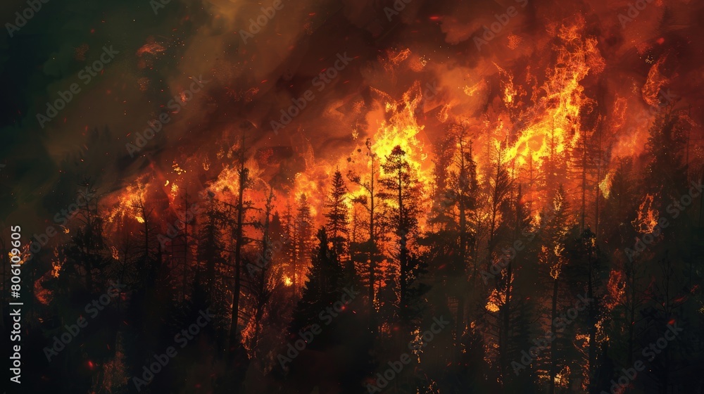 Intense flames from a massive forest fire. Intense flames from a massive forest fire.