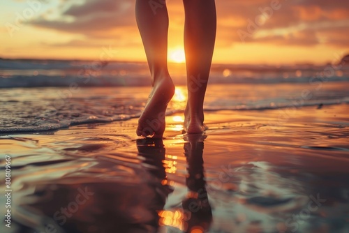 Girls feet walking on beach at sunset.