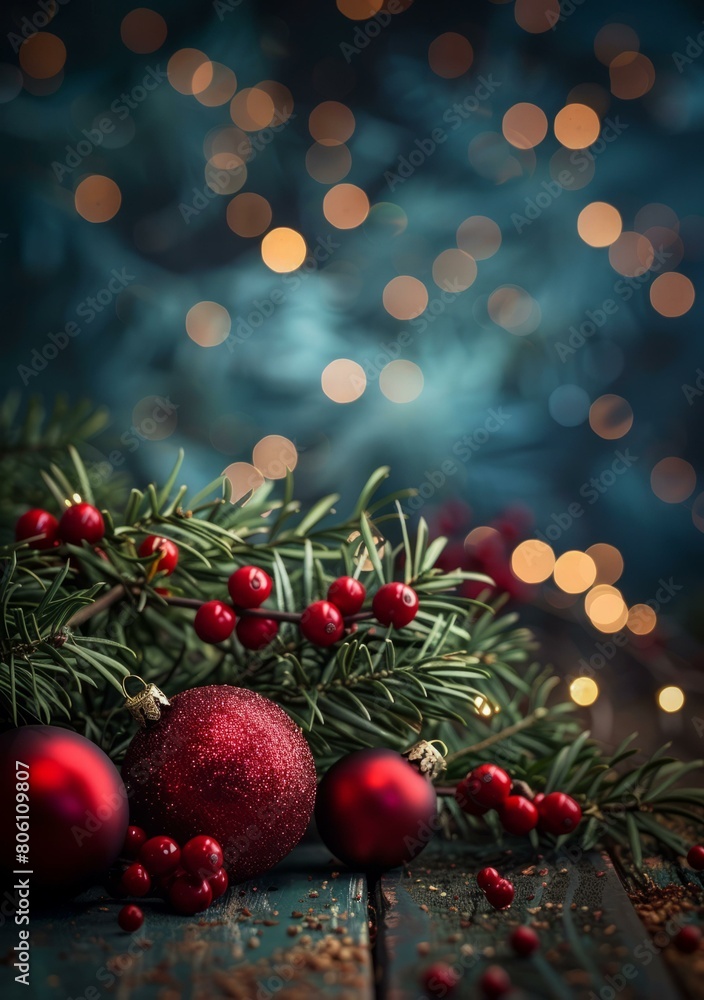 Red Christmas ornaments with holly berries on a dark blue background Red Christmas ornaments with holly berries on a dark blue background