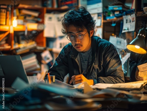Asian man studying in a messy room