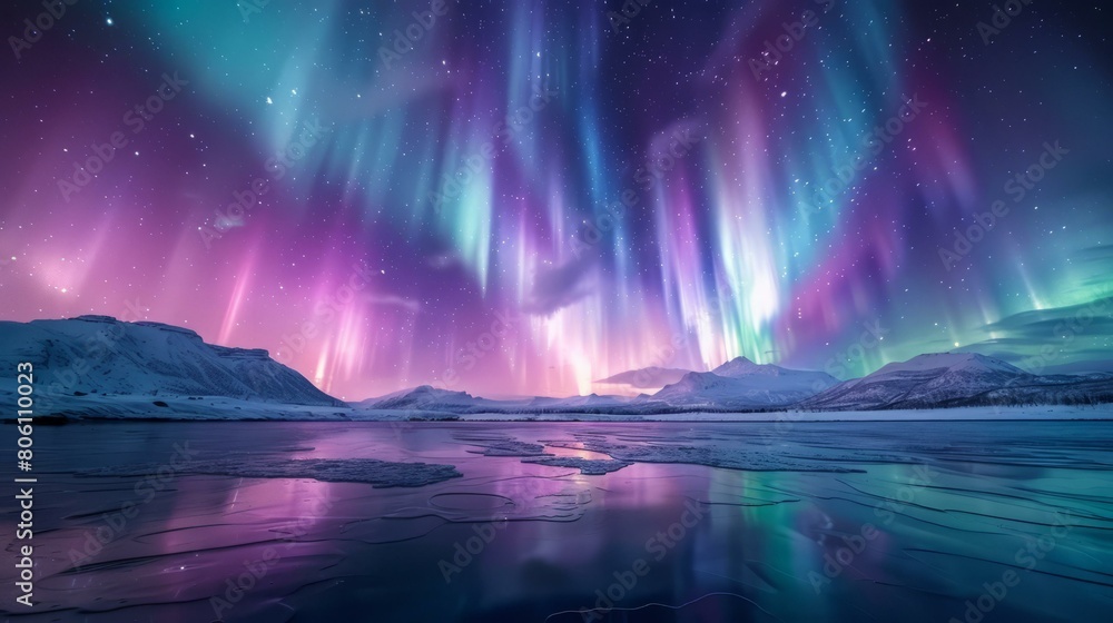 Aurora borealis landscape with purple, pink, green and blue colors reflecting on a frozen lake in Norway