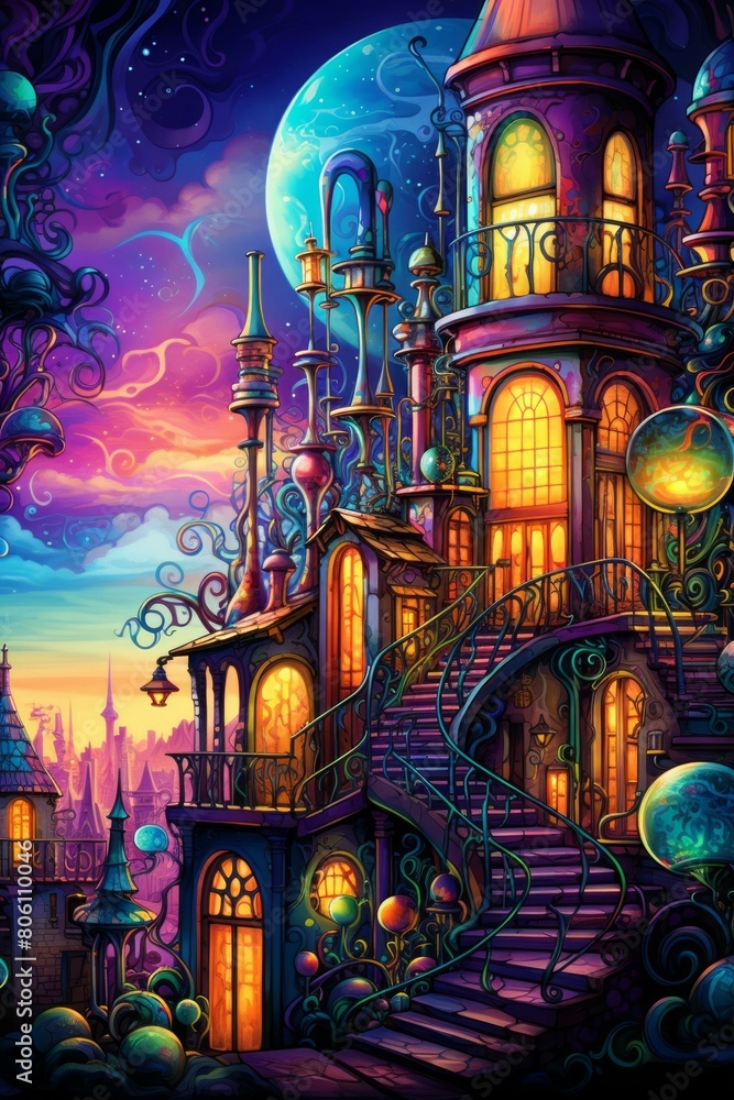 Whimsical illustration of a fantasy castle with glowing windows and a staircase leading up to it