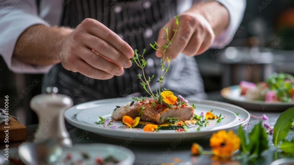 A chef garnishing a triple-layer pork belly dish with fresh herbs and edible flowers, adding a touch of elegance to the presentation. A chef garnishing a triple-layer pork belly dish with fresh herbs and edible flowers, adding a touch of elegance to the presentation.