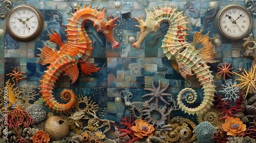 Ethereal Seahorses Circling Clocks in Serene Underwater Realm