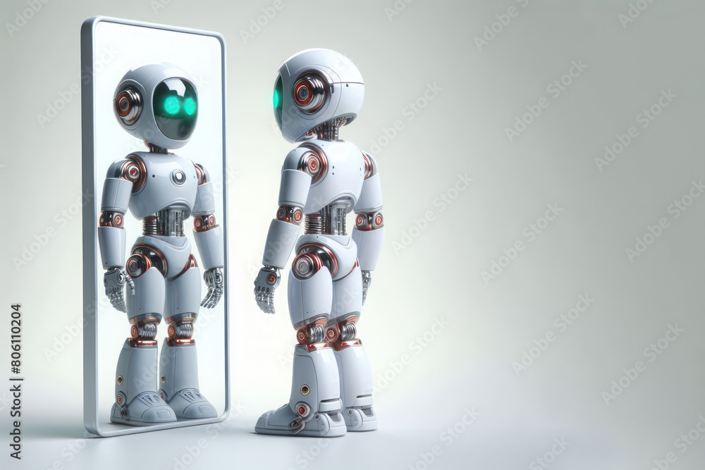 Fototapeta premium A robot looking at itself in the mirror. Space for text.