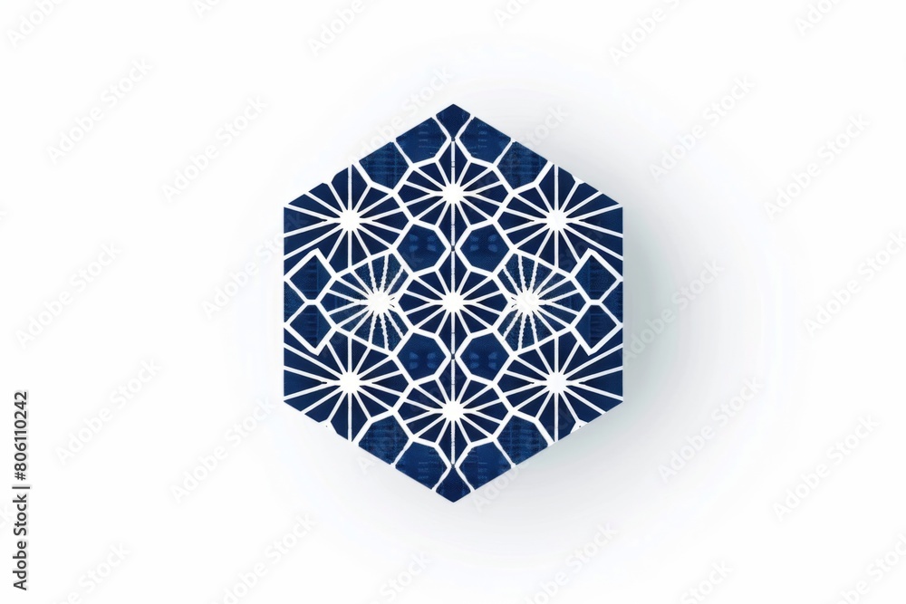 Blue Geometric Patterned Hexagon Tile on a White Background. Design for background, graphic design, print, poster, interior, packaging paper Blue Geometric Patterned Hexagon Tile on a White Background. Design for background, graphic design, print, poster, interior, packaging paper
