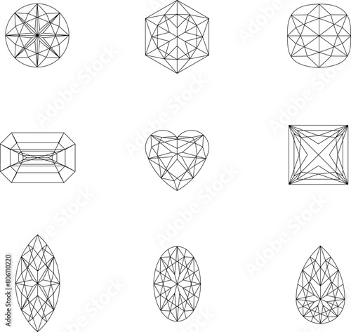 Set of line illustration icons in the shape of gem, jewels, jewellery, crystal, stone, diamond  © The Little Foot