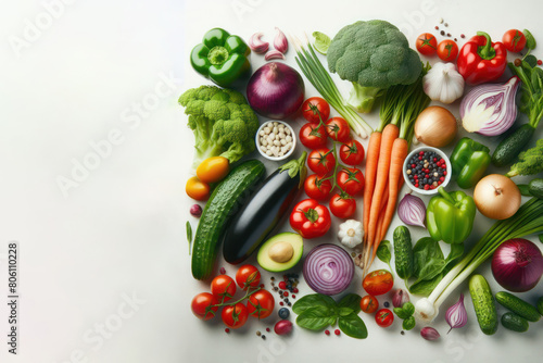 Various vegetables laid out on a clean background. Space for text.