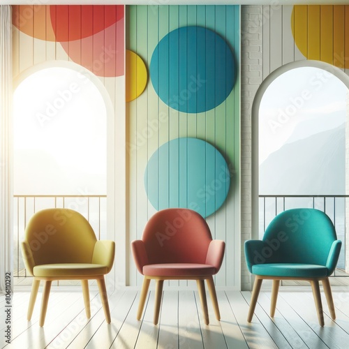 Three colorful armchairs in the room. © Andbiz