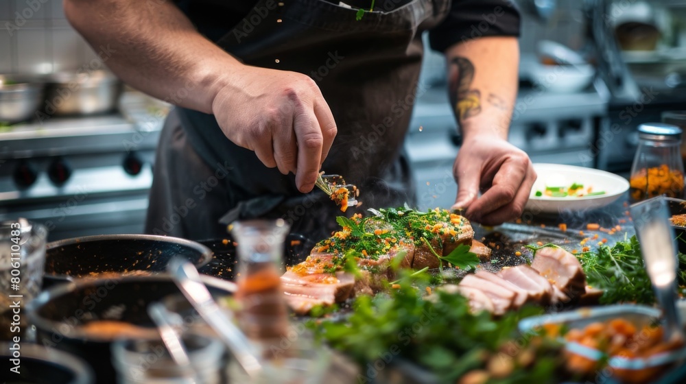 A chef preparing a marinade for triple-layer pork belly, blending savory spices and aromatic herbs for maximum flavor infusion. A chef preparing a marinade for triple-layer pork belly, blending savory spices and aromatic herbs for maximum flavor infusion.