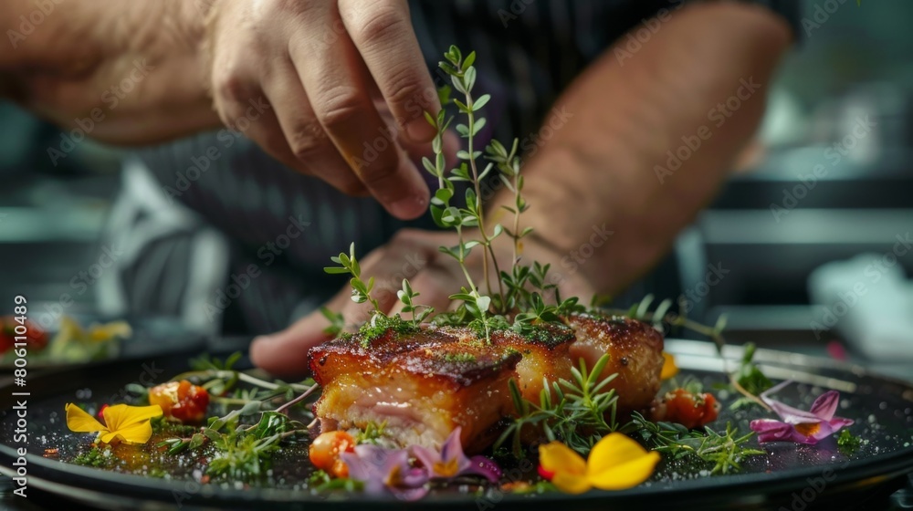 A chef garnishing a triple-layer pork belly dish with fresh herbs and edible flowers, adding a touch of elegance to the presentation.