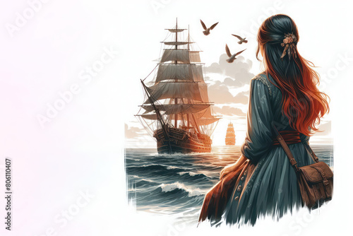 A woman meeting a sailing ship. Space for text. photo