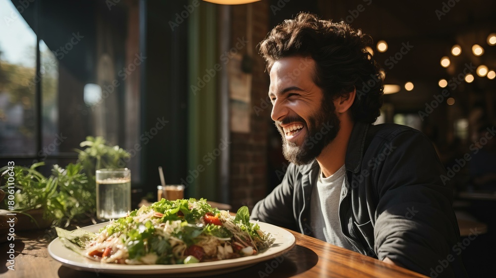 Fotografie Middle Eastern man eating a salad in a restaurant