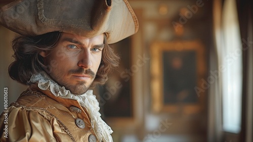 a dapper musketeer dressed in period regalia, exuding courage and chivalry in a captivating Renaissance scene photo