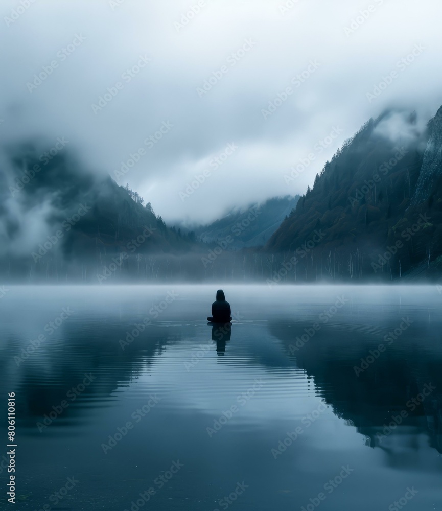 A Solitary Figure Sits in the Middle of a Misty Lake Surrounded by Mountains