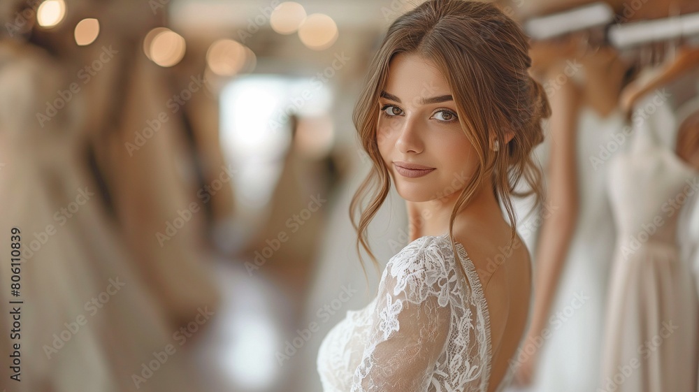 Naklejka premium woman trying on a bridal gown in a store