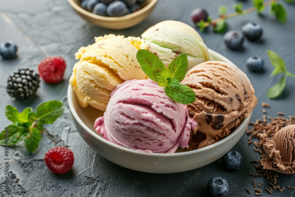Three different flavored ice-cream scoops. Beautiful simple AI generated image in 4K, unique. Three different flavored ice-cream scoops. Beautiful simple AI generated image in 4K, unique.