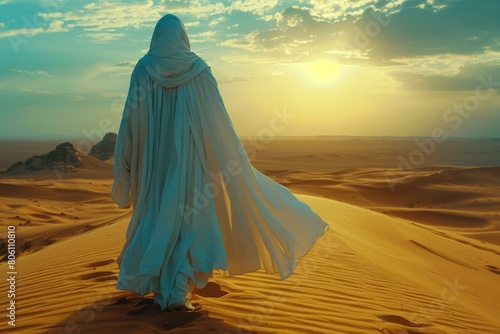 Man in white robe walking in desert