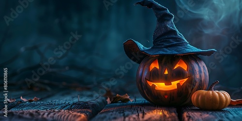Jack-o'-Lantern Illuminated by Witch Hat on a Dark Background