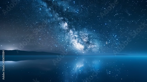 Amazing view of the night sky full of stars and the Milky Way reflecting on the calm water surface