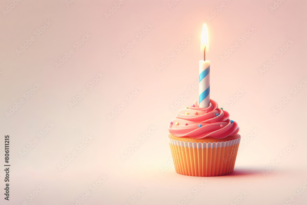 A single cupcake with a burning candle. Space for text. A single cupcake with a burning candle. Space for text.
