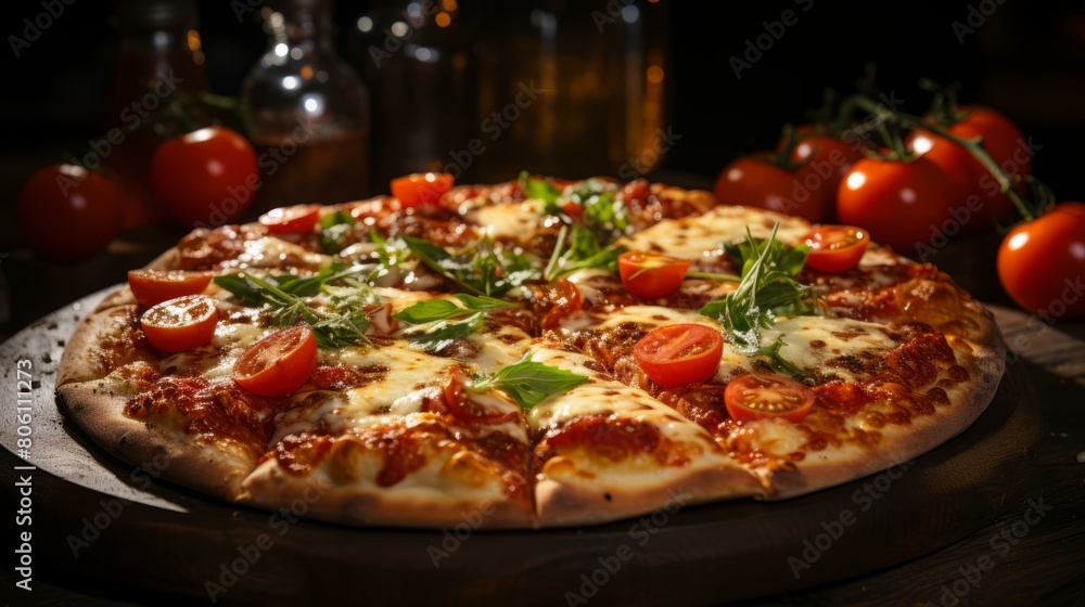 A delicious pizza with tomatoes and basil