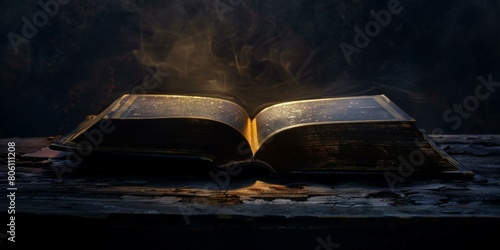 Open old book with magic light photo