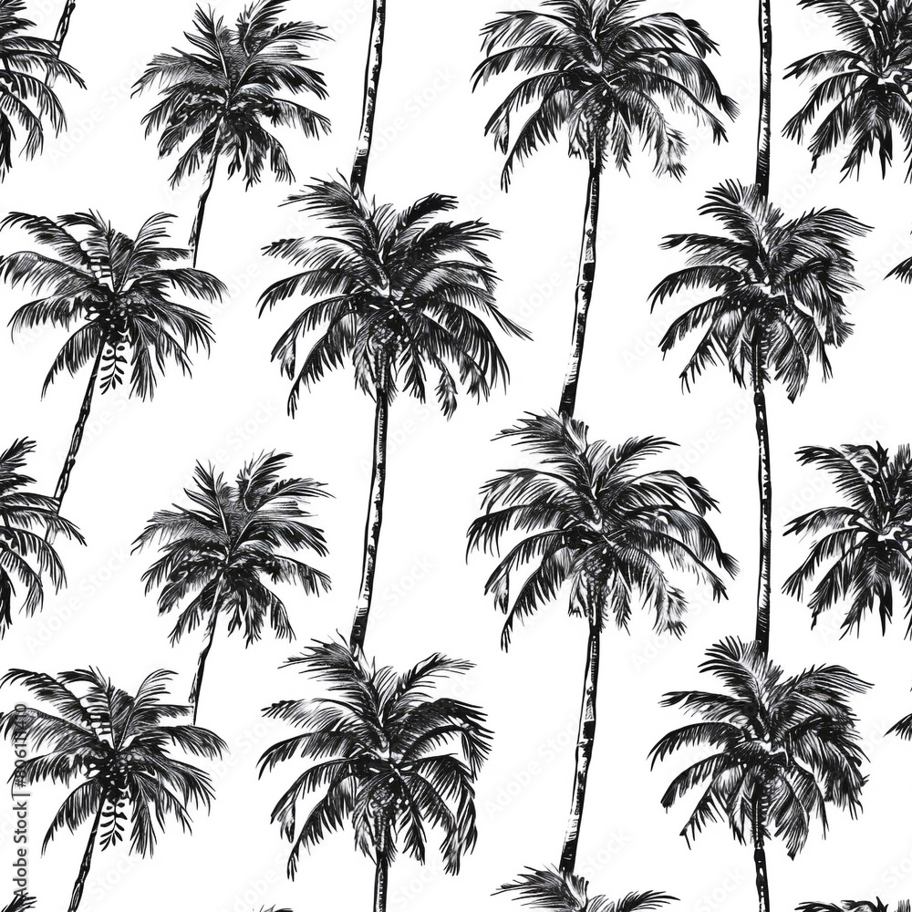 Seamless Pattern with Palm Trees on White Background, Seamless Pattern