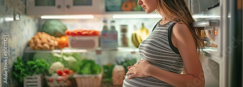 Anxious expectant mother glancing towards the refrigerator in search of food photo