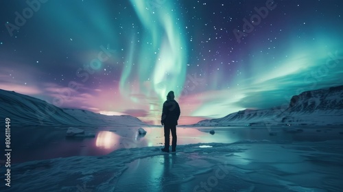 Aurora borealis landscape with a person standing on a frozen lake at night