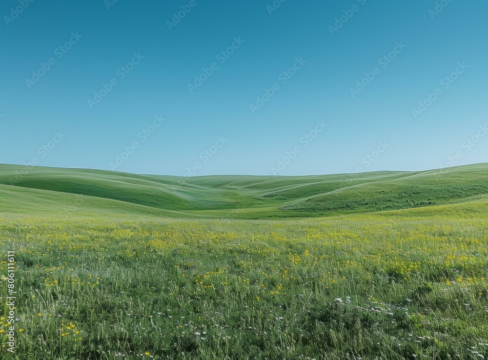 Fototapeta premium Green rolling hills with yellow wildflowers under blue sky
