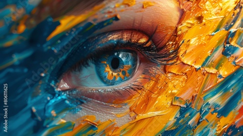 Close-up of a woman's blue eye with orange and blue paint on her face