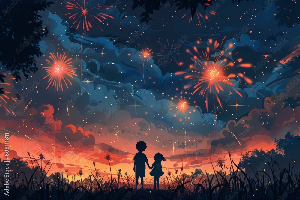 Fototapeta premium Boy and girl watching fireworks at night