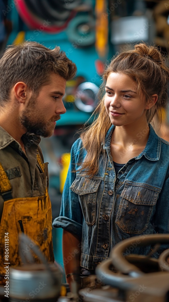 Conversation between a man and female mechanic