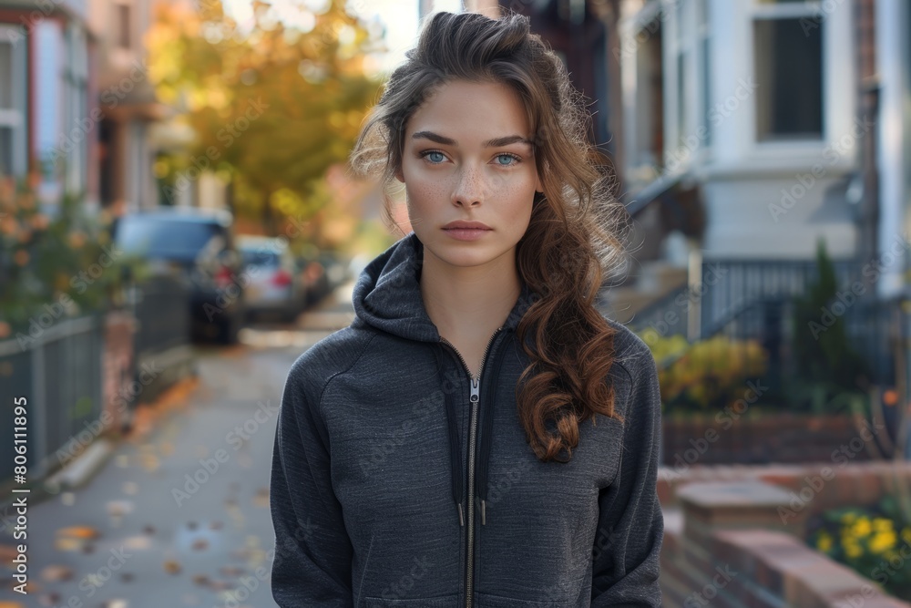 Urban Autumn Portrait: Young Woman with Curly Hair in the City 