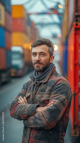 Man working logistics in front of a container truck