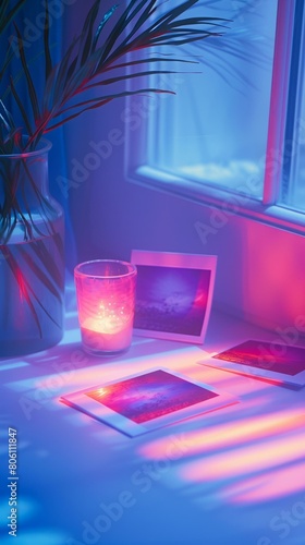 A windowsill with a plant, a candle, and some photos