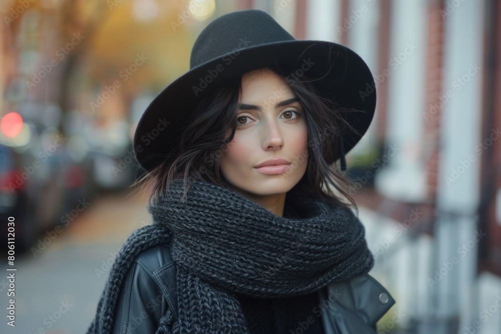 Stylish Woman in Hat and Scarf Outdoors on City Street Stylish Woman in Hat and Scarf Outdoors on City Street