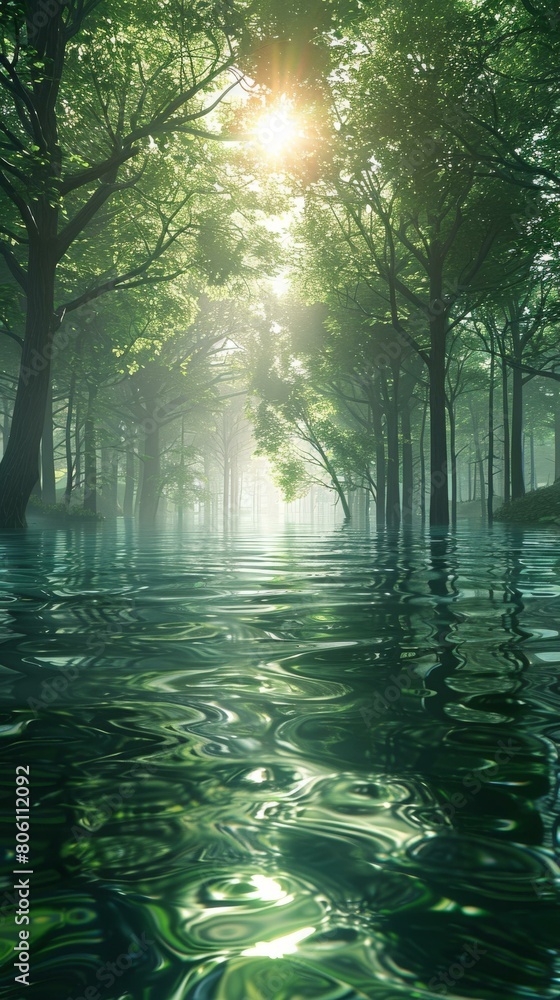 Fototapeta premium The sun shines through the green trees and reflects on the water in the forest