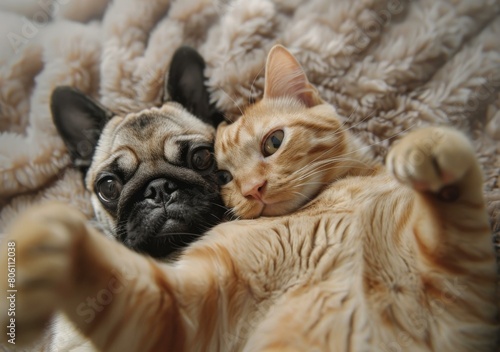 Wallpaper Mural A Pug and an Orange Tabby Cat Lying Together on a Fuzzy Blanket Torontodigital.ca