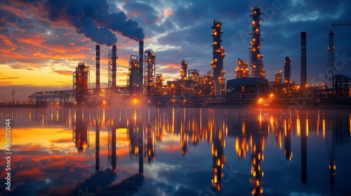 Oil refinery at dusk with a beautiful sky and river reflecting the scene