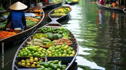 Floating market in Thailand with boats full of fresh fruits and vegetables © Adobe Contributor