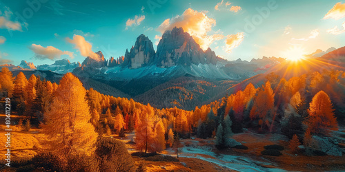  mountain landscape with golden trees and lake in autumn. nature mountain background.banner © Planetz