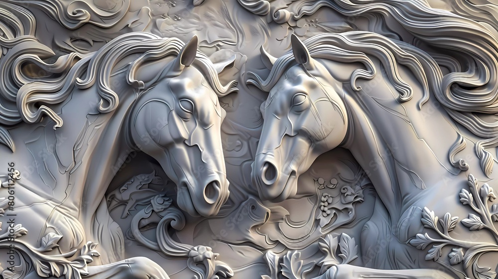 3d wallpaper of classic stone carved horses. 3d illustration 3d wallpaper of classic stone carved horses. 3d illustration