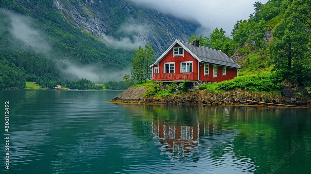 Fototapeta premium Scandinavian red home on a lake in the mountains