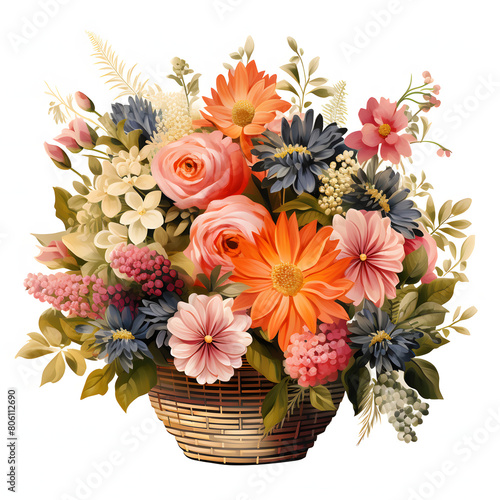 A beautiful modern clip art of a beautiful Flower Wire baskets, freshy colourful, overflowing with assorted blooms and greenery, beautiful wedding style, single objects, isolated on white background. photo